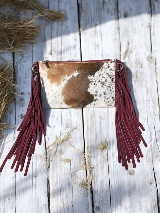 Fringe Cowhide Crossbodies: Burgundy Fringe