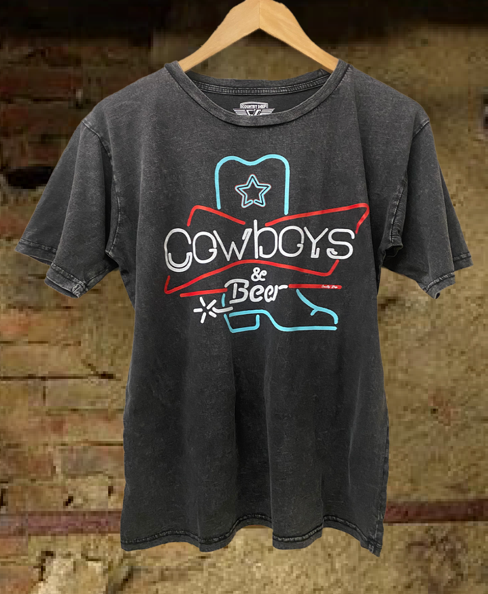 Cowboys & Beer Neon Boot Acid washed 90's Unisex T shirt: Black / Large