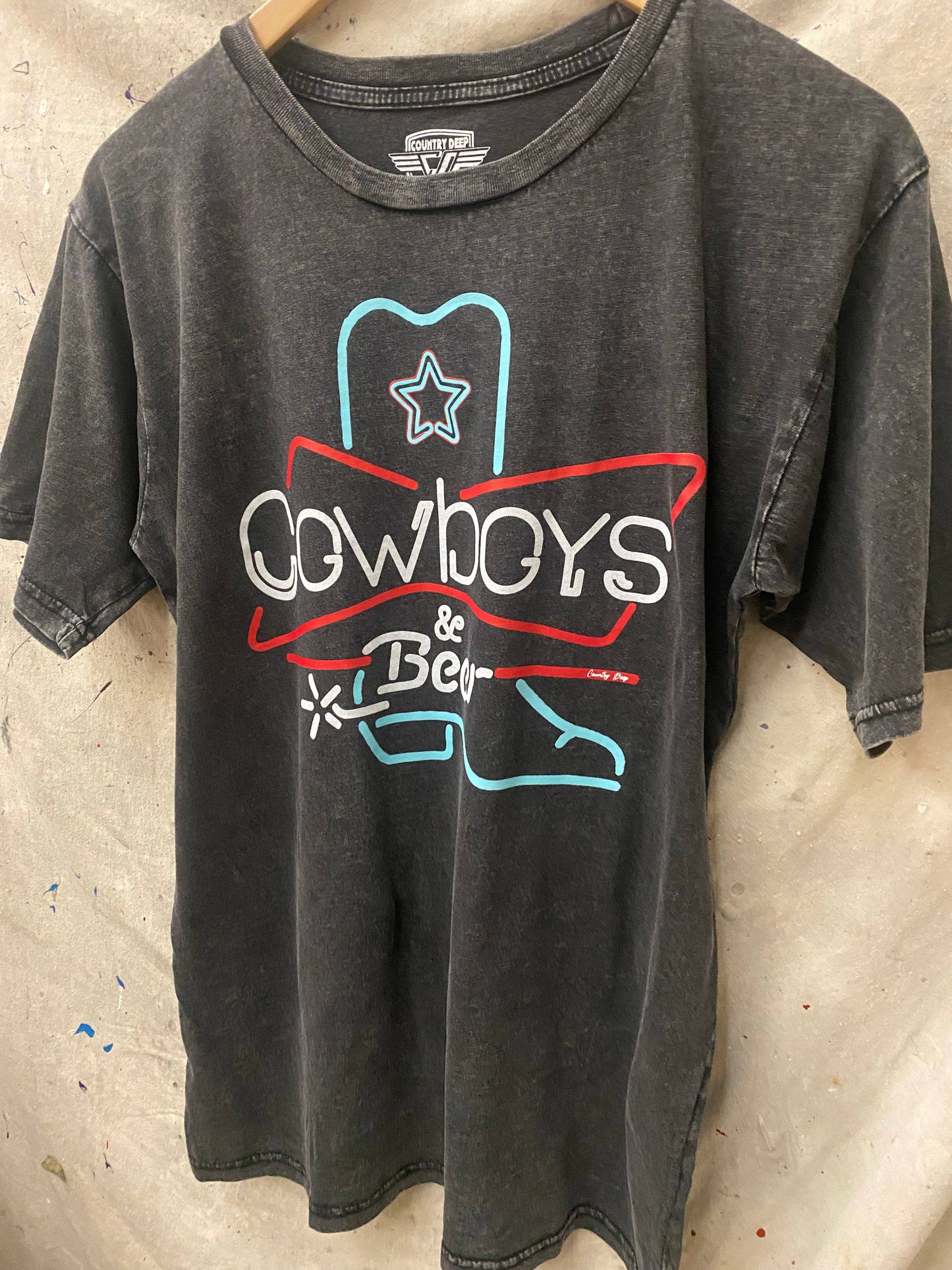 Cowboys & Beer Neon Boot Acid washed 90's Unisex T shirt: Black / Large
