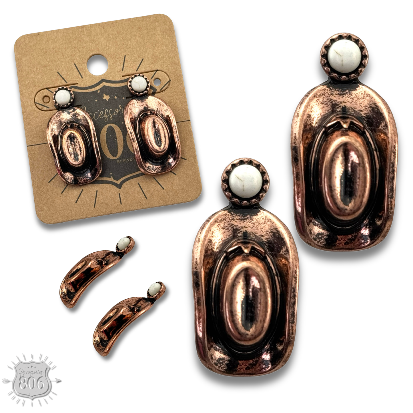 Western cowboy hat on stone post earring: White