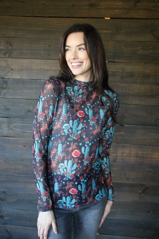 Retro Black Cactus Mesh Top