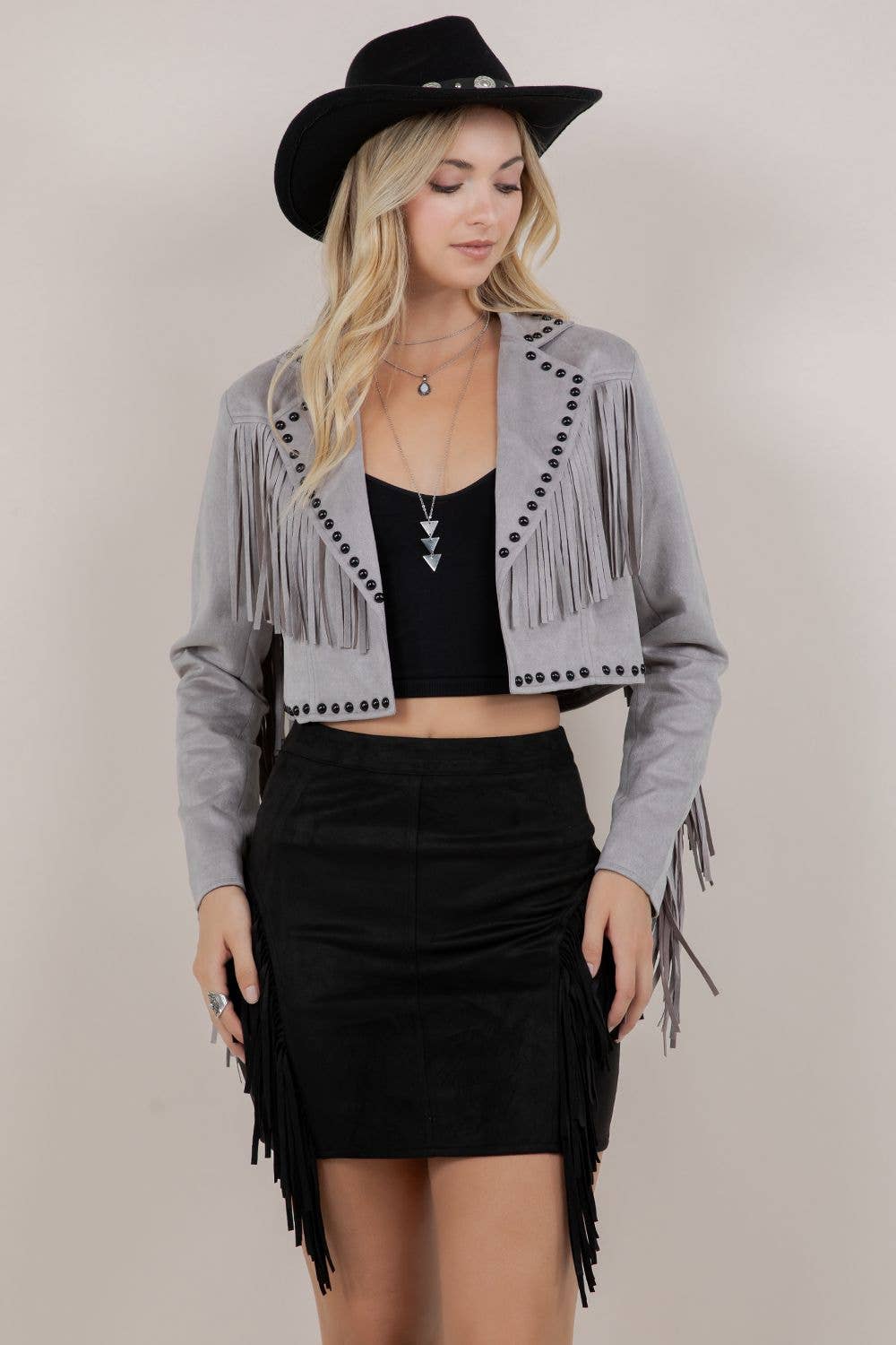 FRINGE STUDDED FUAX SUEDE JACKET