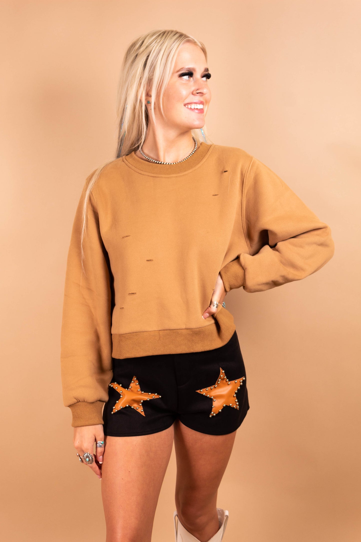 Taupe Distressed Fringe Sweatshirt Top