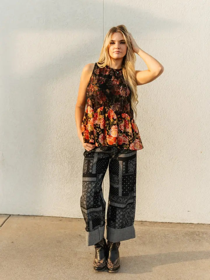 Paisley Cuffed Denim-Black
