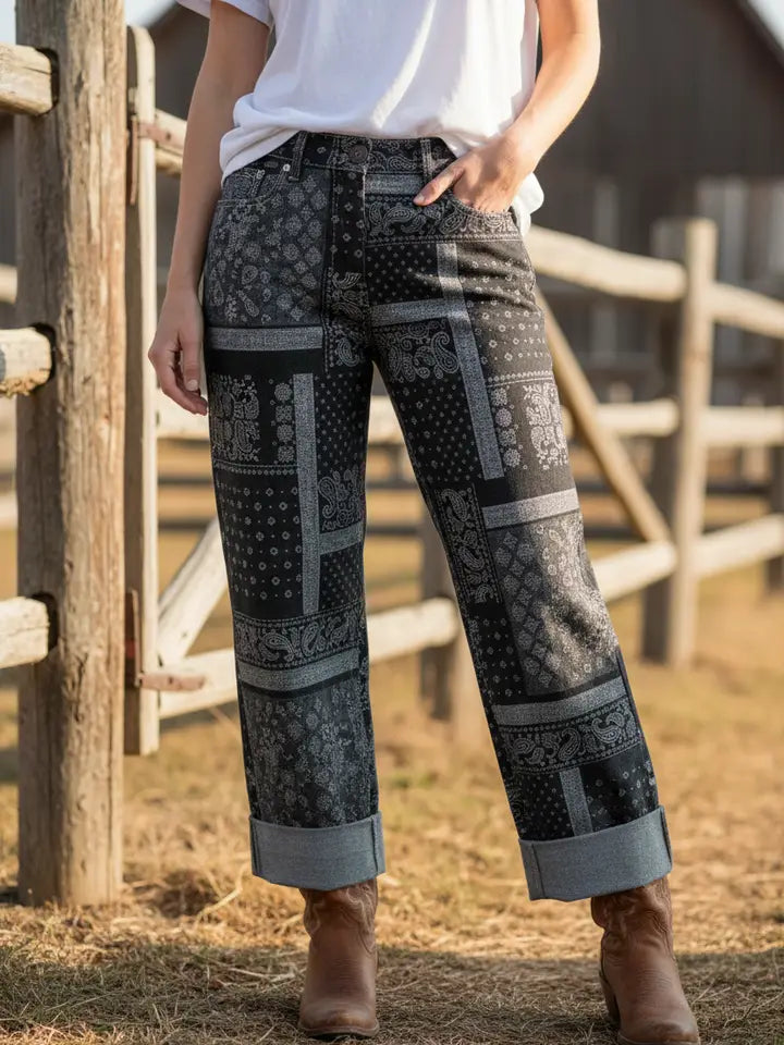 Paisley Cuffed Denim-Black