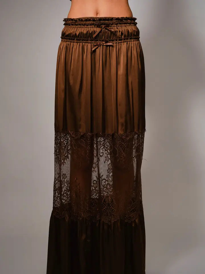 Satin Maxi Skirt with Lace Inlay