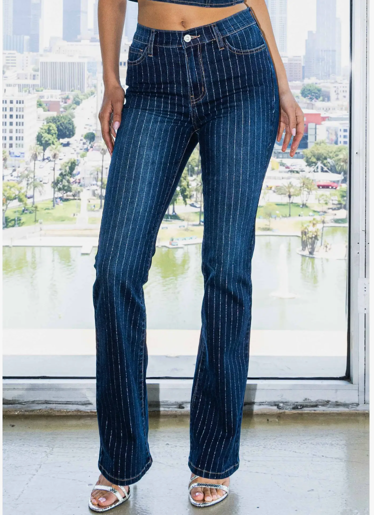 Metallic Pinstripe Bootcut Denim Jeans