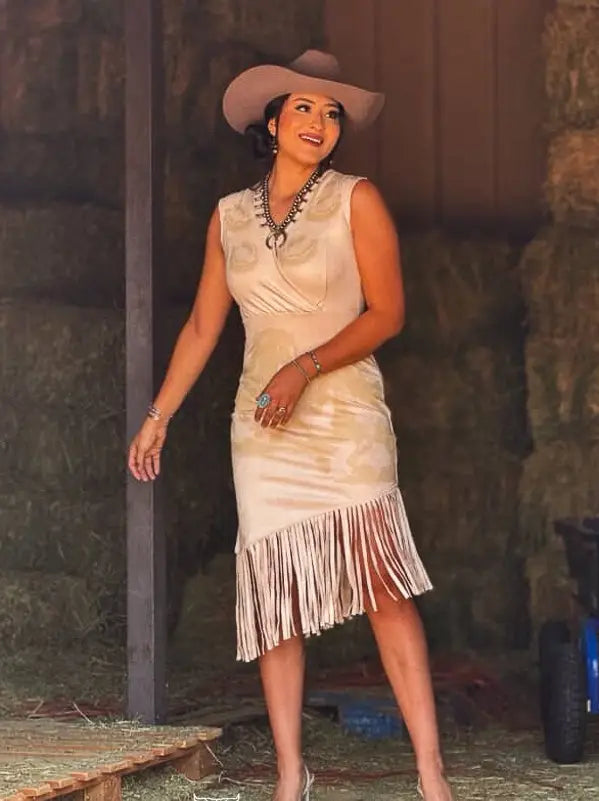 Wild Horses Stretch Suede Printed Wrap Fringe Dress