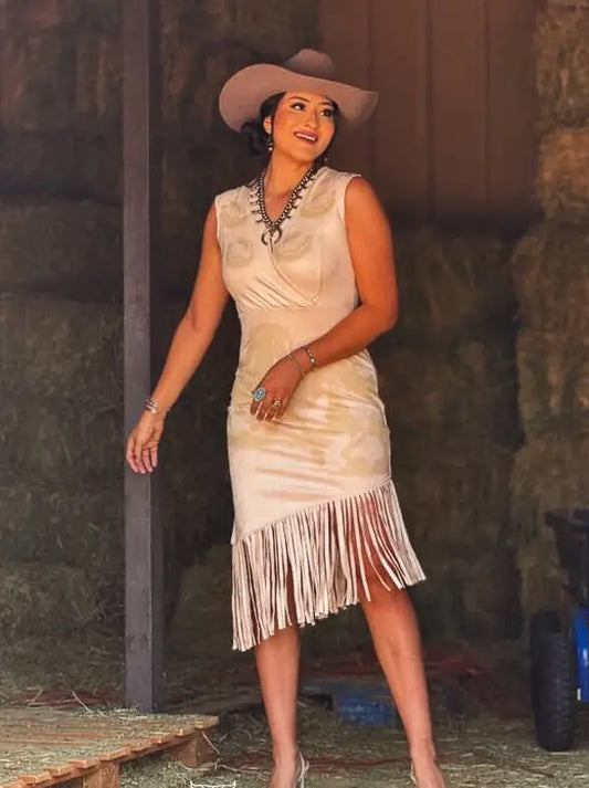 Wild Horses Stretch Suede Printed Wrap Fringe Dress