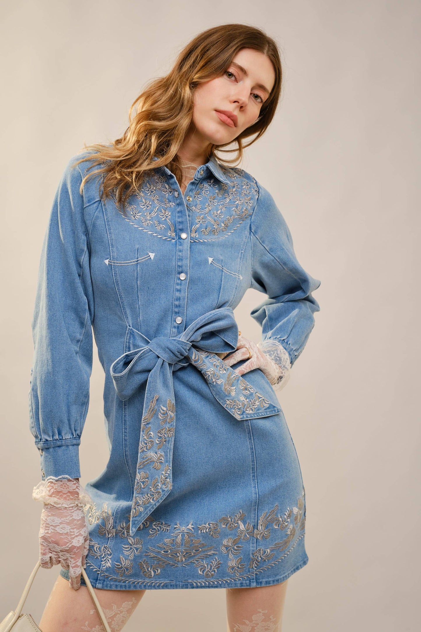 Western Embroidery Front Tie Dress