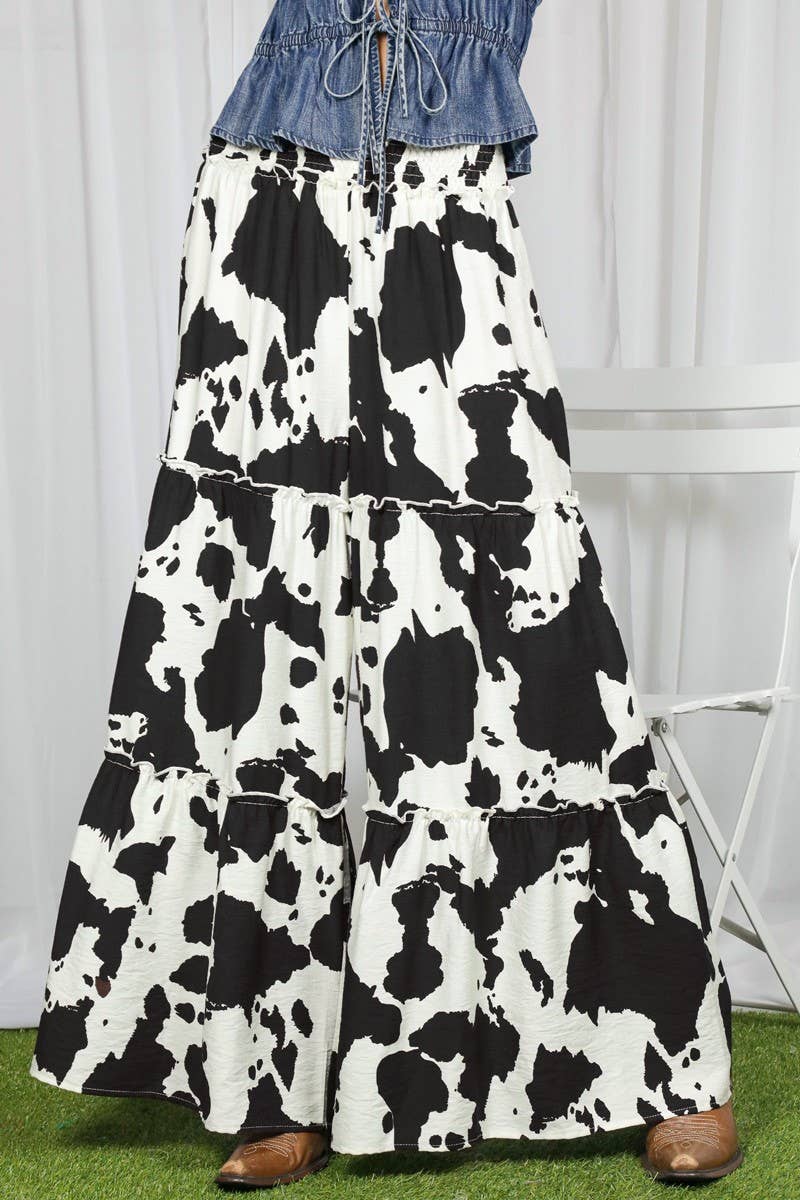 Wide Leg Beach Palazzo Cow Print Pants-Black