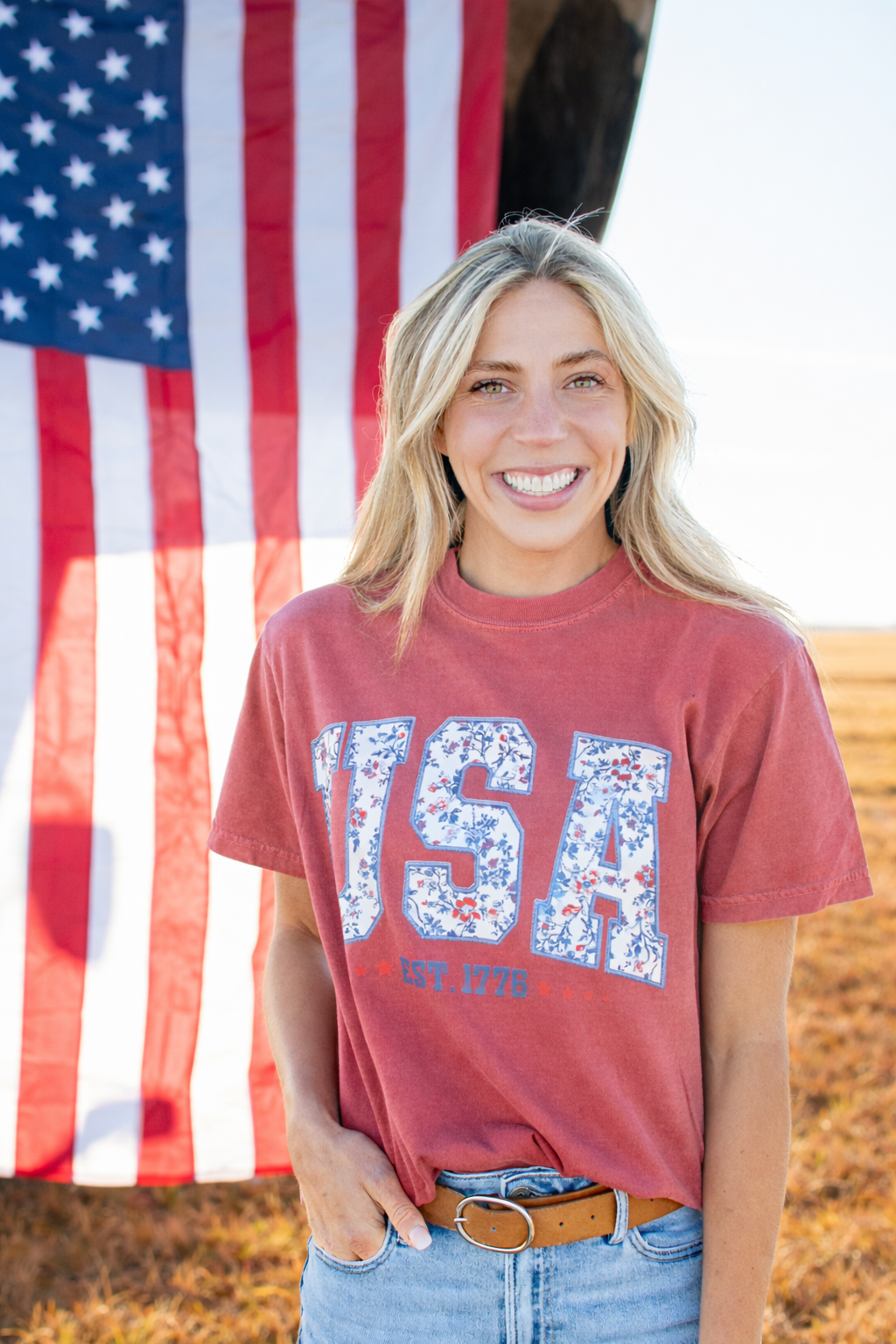 Western Patriotic Floral 'USA' Washed Red Graphic Tee