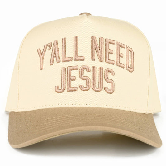 Y'ALL NEED JESUS Embroidered Letter Two Tone Trucker Hat: Beige