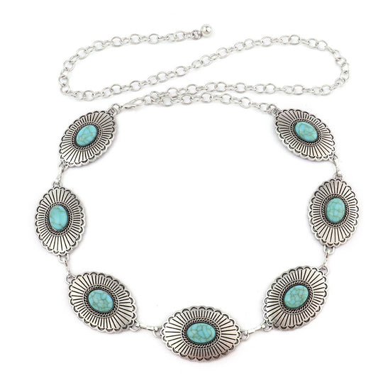 Silver Concho Belt with small Turquoise Medallion