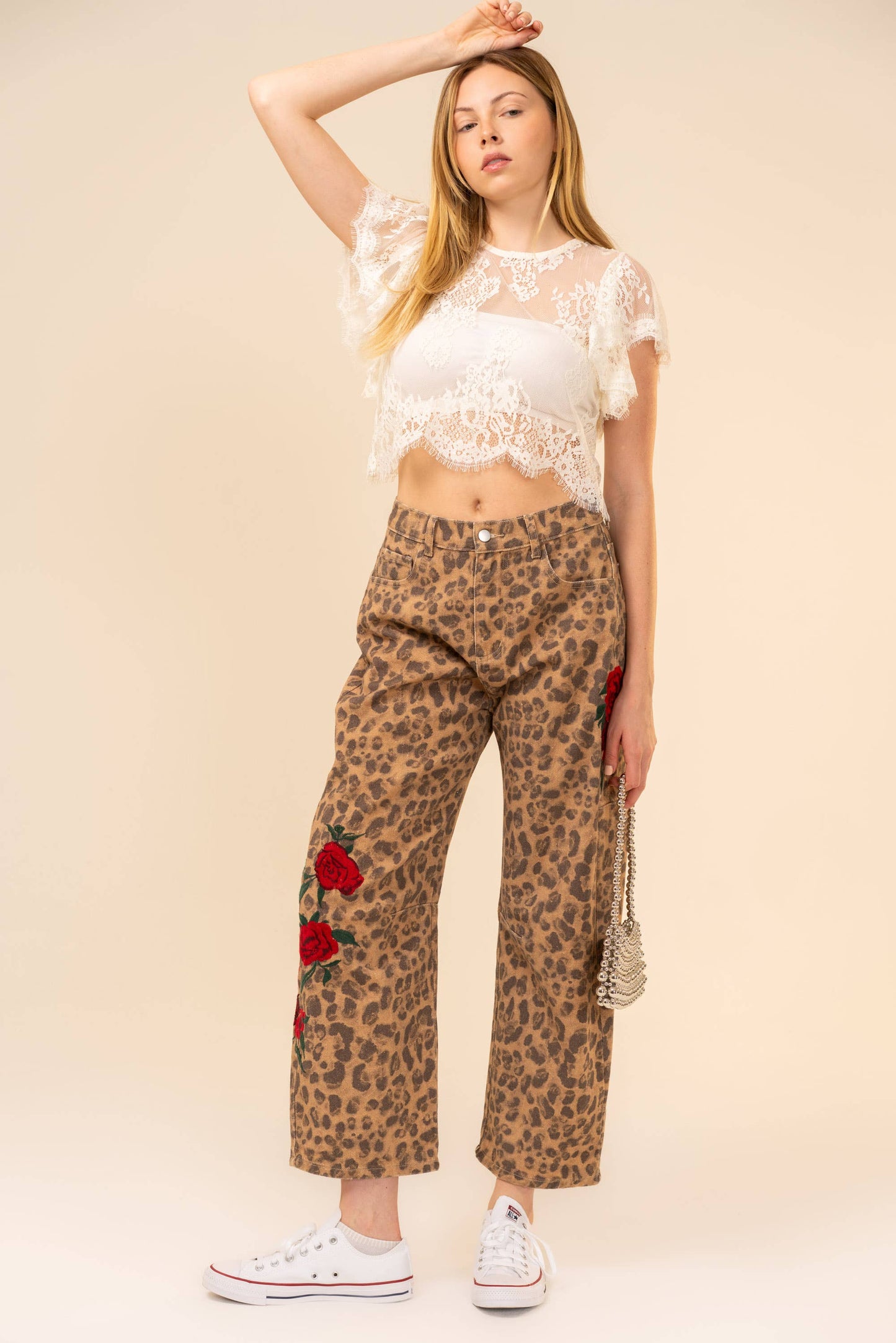 91981P Rose Embroidered Leopard Barrel Pants: LEOPARD / S-M-L (2-2-2)