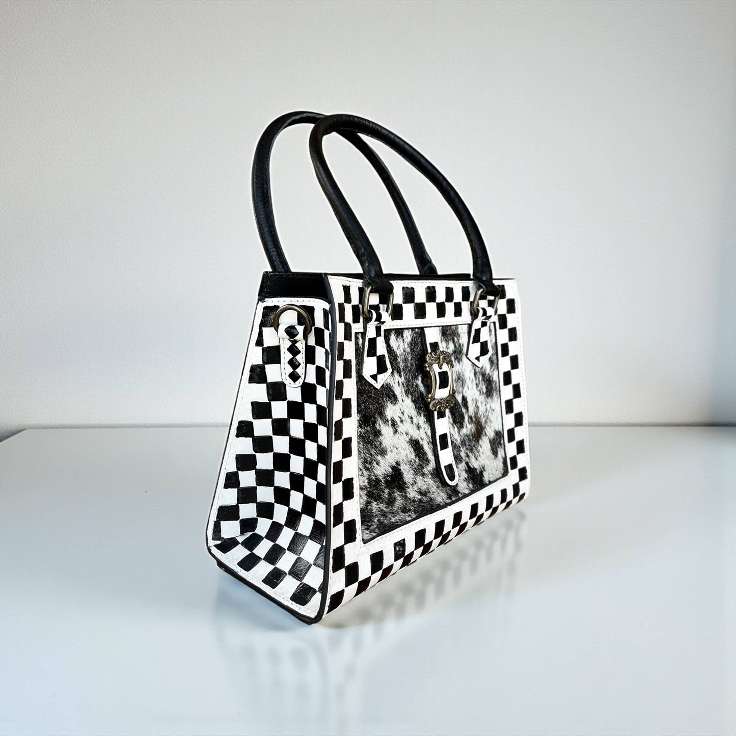 Checker tooled leather & cowhide tote bag 