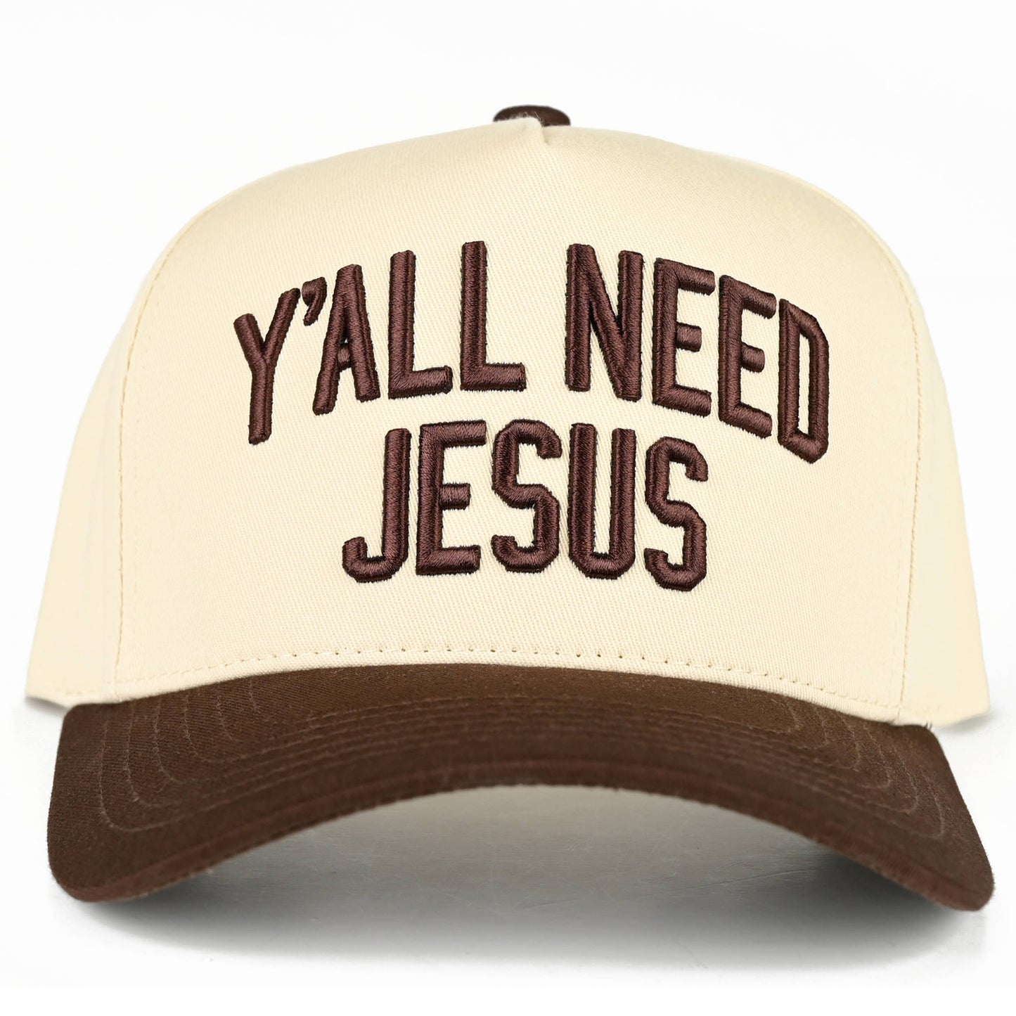 Y'ALL NEED JESUS Embroidered Letter Two Tone Trucker Hat: Beige