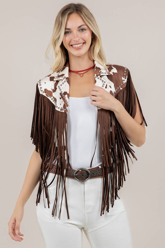 Studded Fringe Shrug- Cow Print