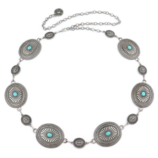 Silver Concho Belt with Small Turquoise Center