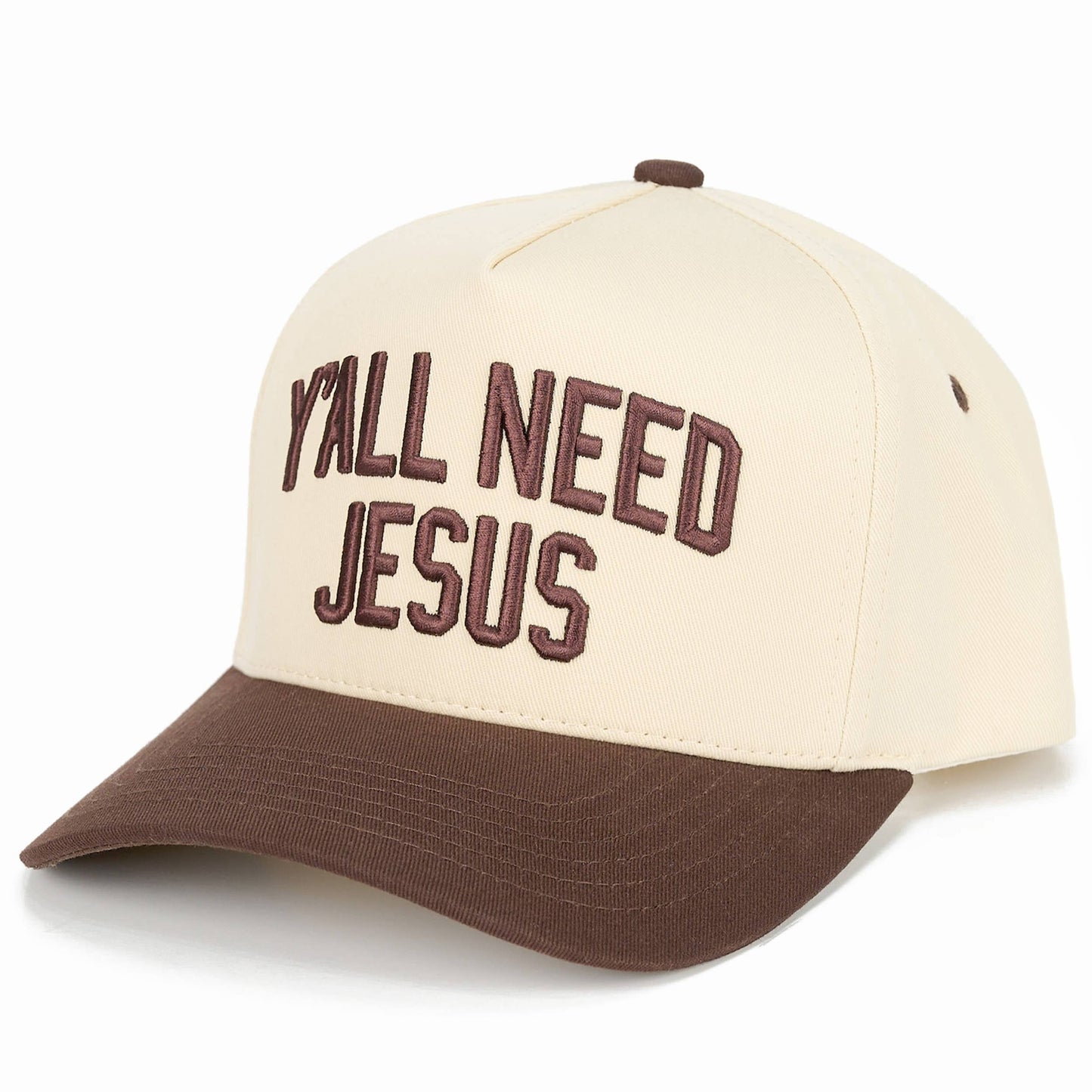 Y'ALL NEED JESUS Embroidered Letter Two Tone Trucker Hat: Beige