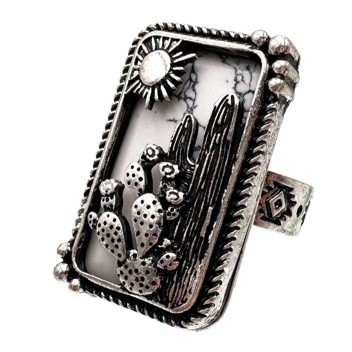 Cactus Sun Turquoise Stone Western Native Stretch Ring: White