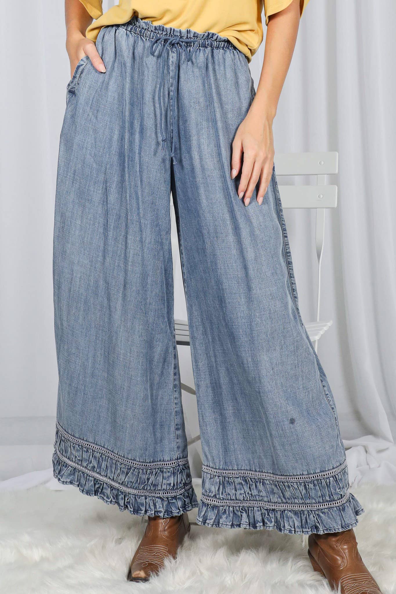 Flared Ruffle Hem Washed Chambray Crop Denim Pants