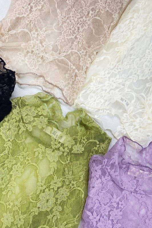 Floral Print Lace Long Sleeve Mesh/Lace Top