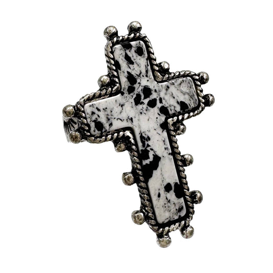 Cross Turquoise Stone Western Band Stretch Ring: White