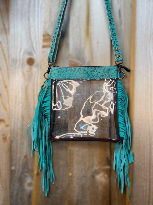 Floral Tooled Leather Turquoise Clear Fringe Bag  