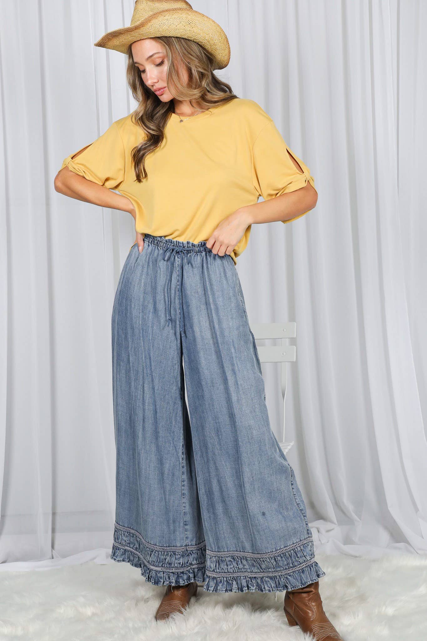 Flared Ruffle Hem Washed Chambray Crop Denim Pants