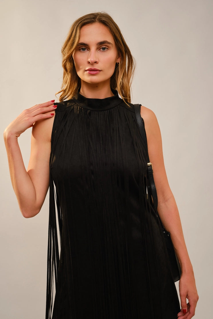 Mock Neck Faux Suede Fringe Dress