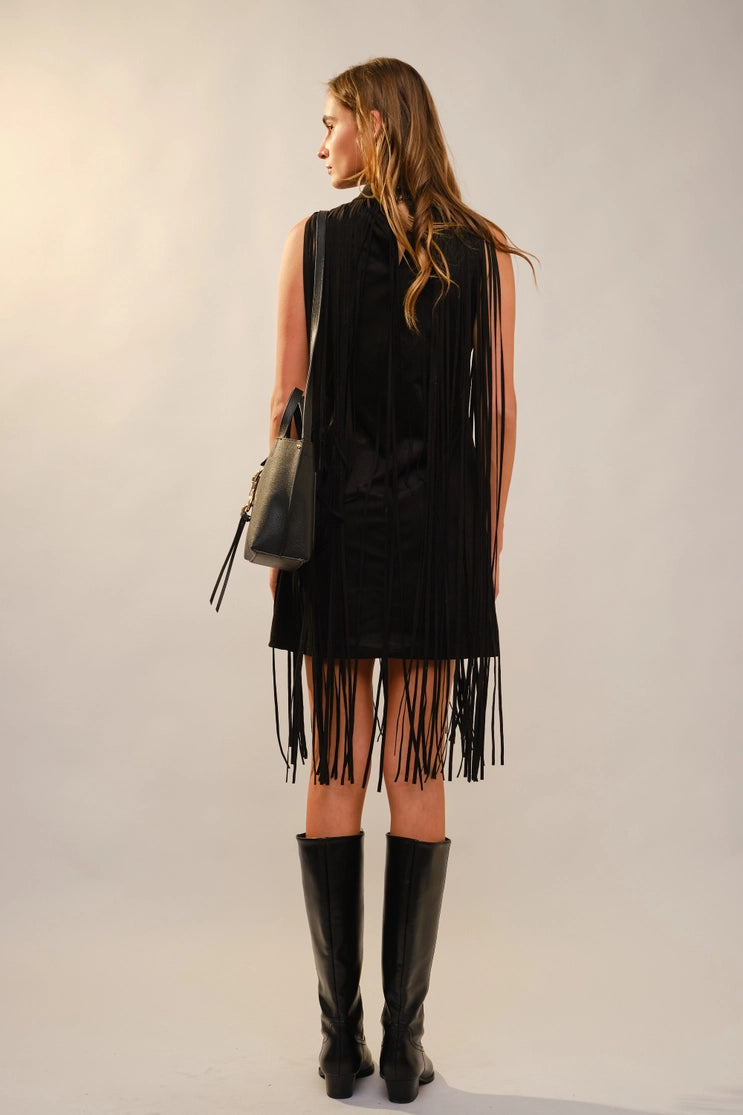 Mock Neck Faux Suede Fringe Dress