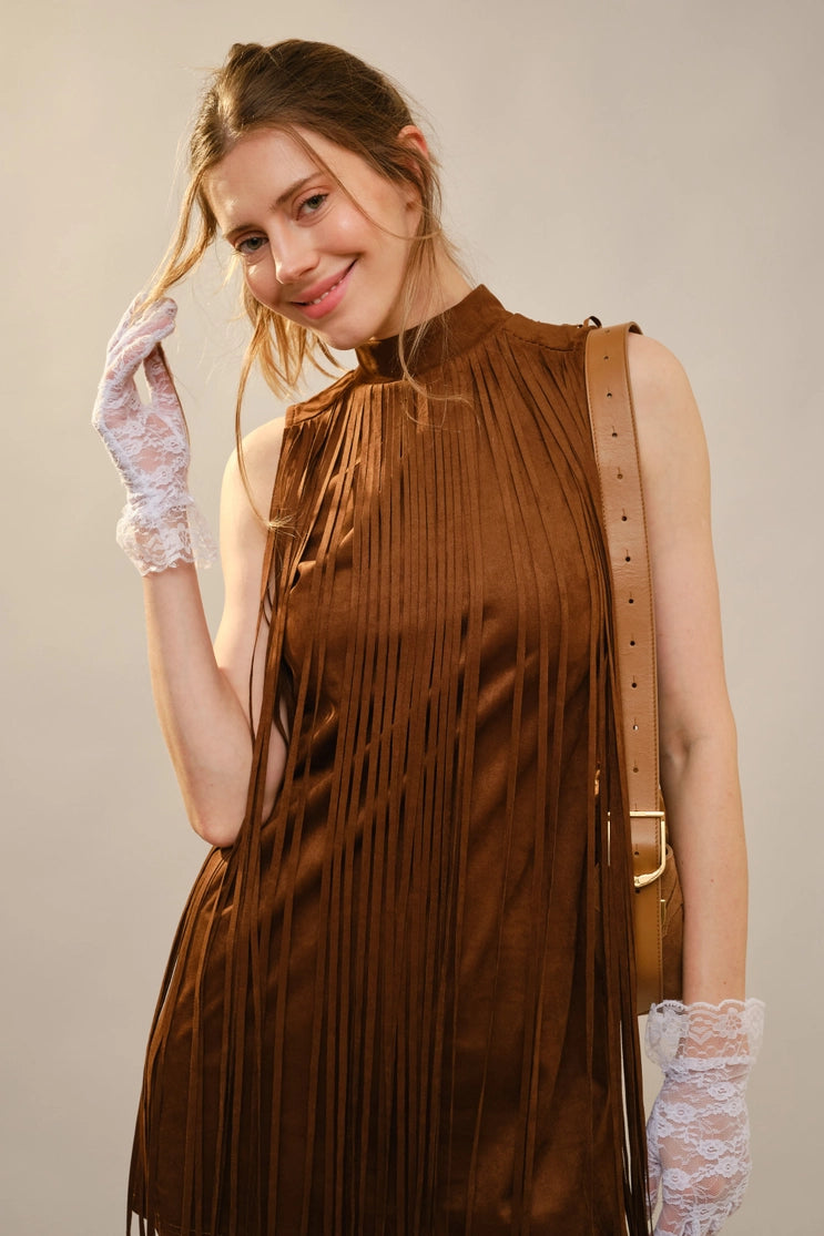 Mock Neck Faux Suede Fringe Dress