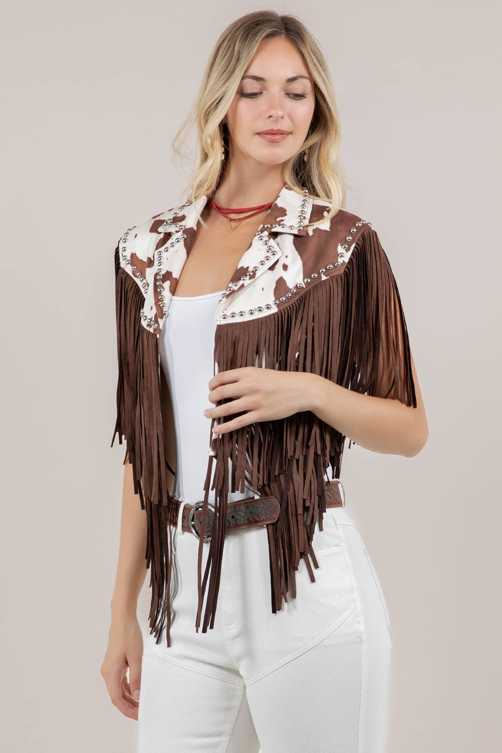 Studded Fringe Shrug- Cow Print