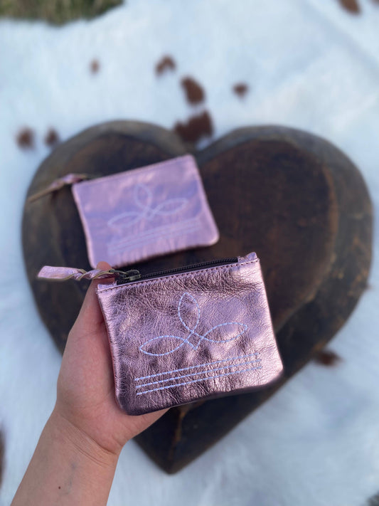 Pink Foil Leather BootStitch Coin Pouch    