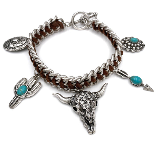 Western Longhorn Arrow Cactus Charms Woven Chain Bracelet
