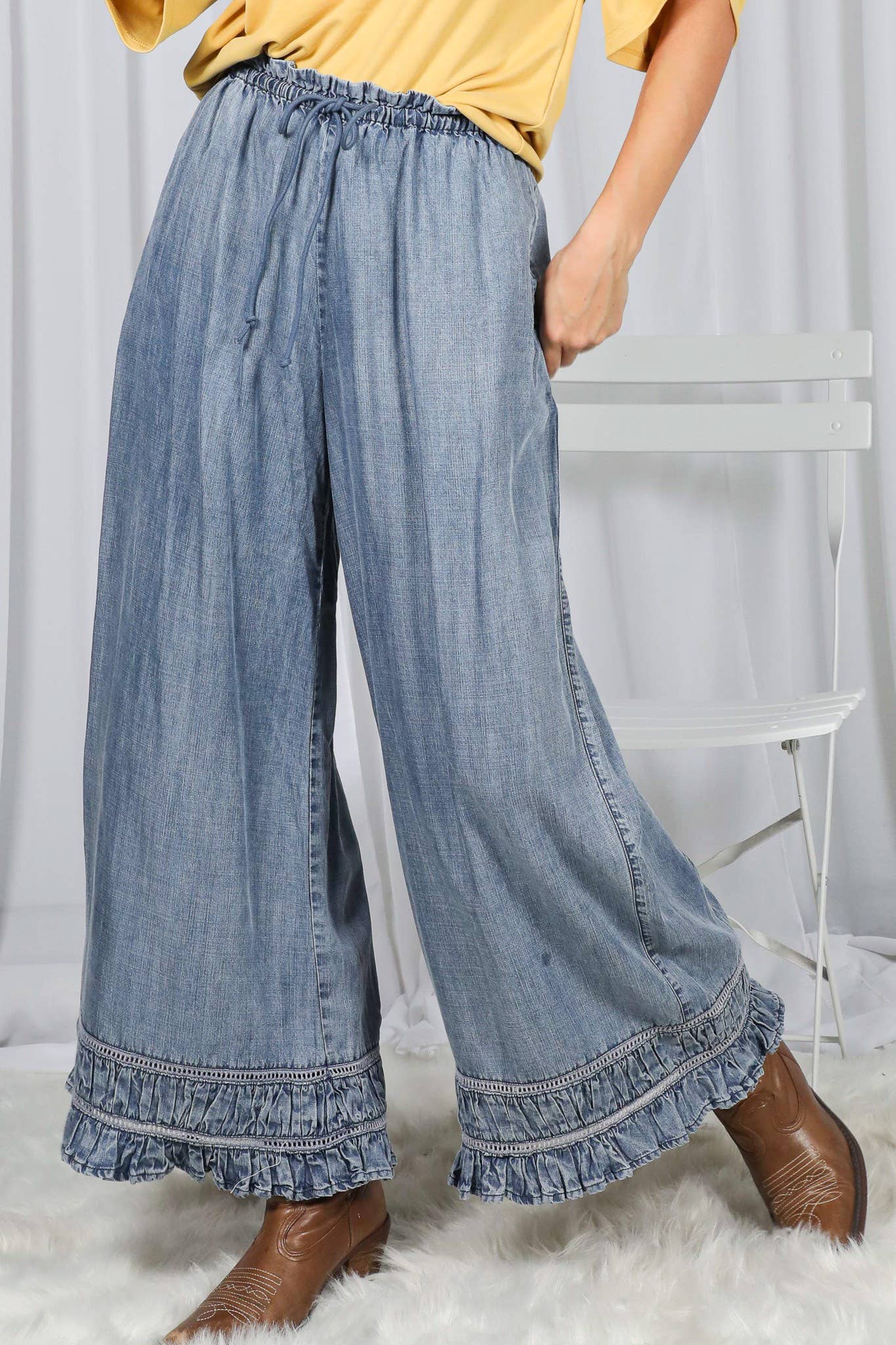 Flared Ruffle Hem Washed Chambray Crop Denim Pants