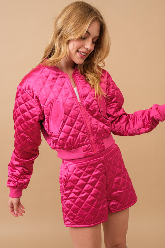 Quilted Crop Pocket Bomber Jacket w/ Matching Set