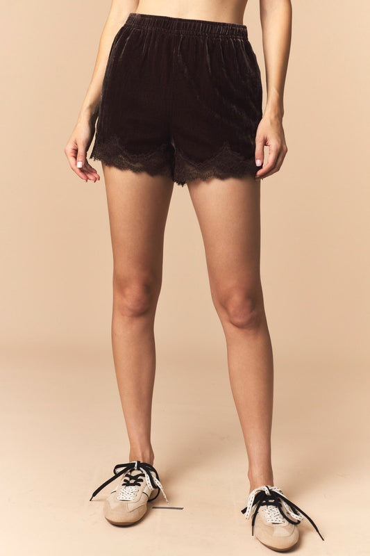 Lace Trim Velour Shorts