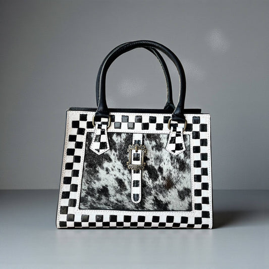 Checker tooled leather & cowhide tote bag 