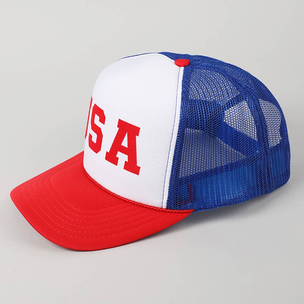 USA Letter Suede Like Logo Print Trucker Hat