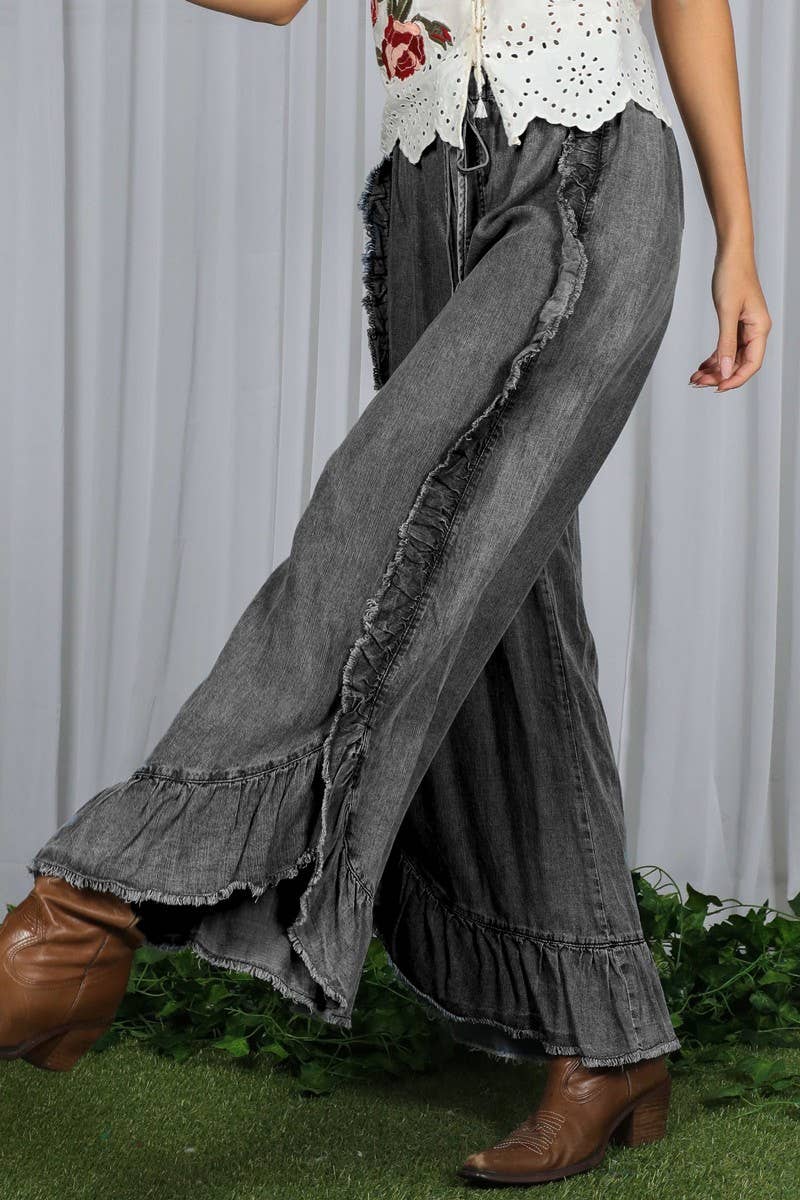 Flared Ruffle Hem Chambray Crop Denim Pants Black Denim