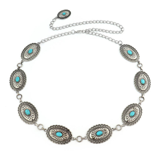 Silver Oval Concho Belt with Turquoise
