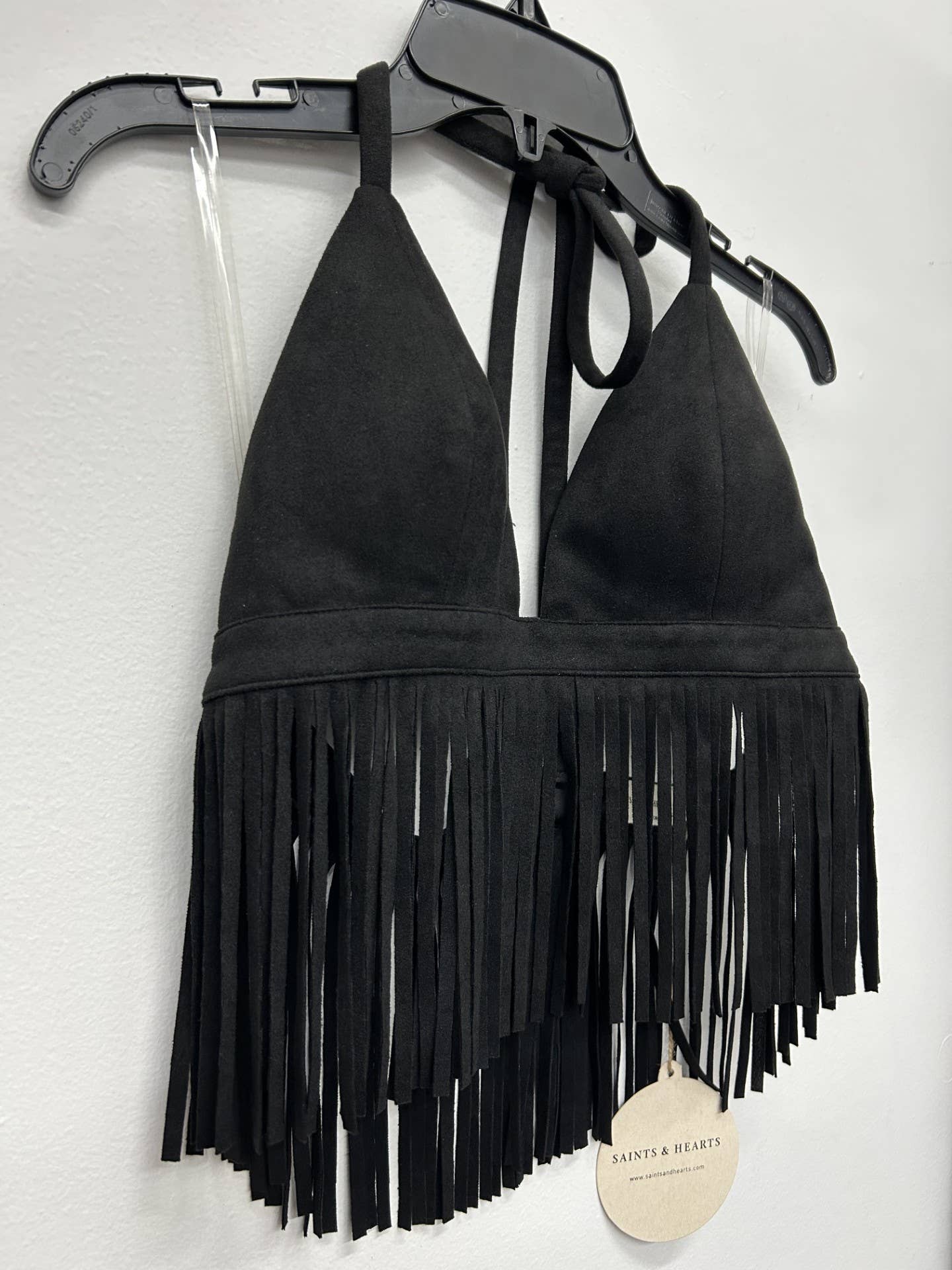 Black Short Fringe Halter Crop