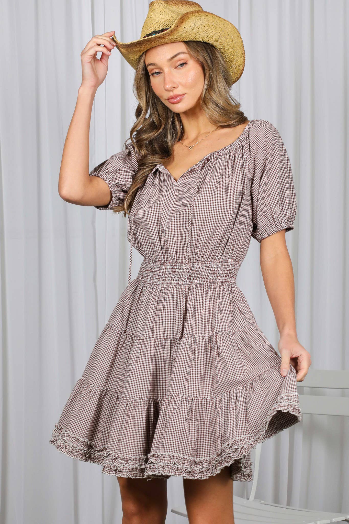 Gingham Tiered Ruffle Hem Dress