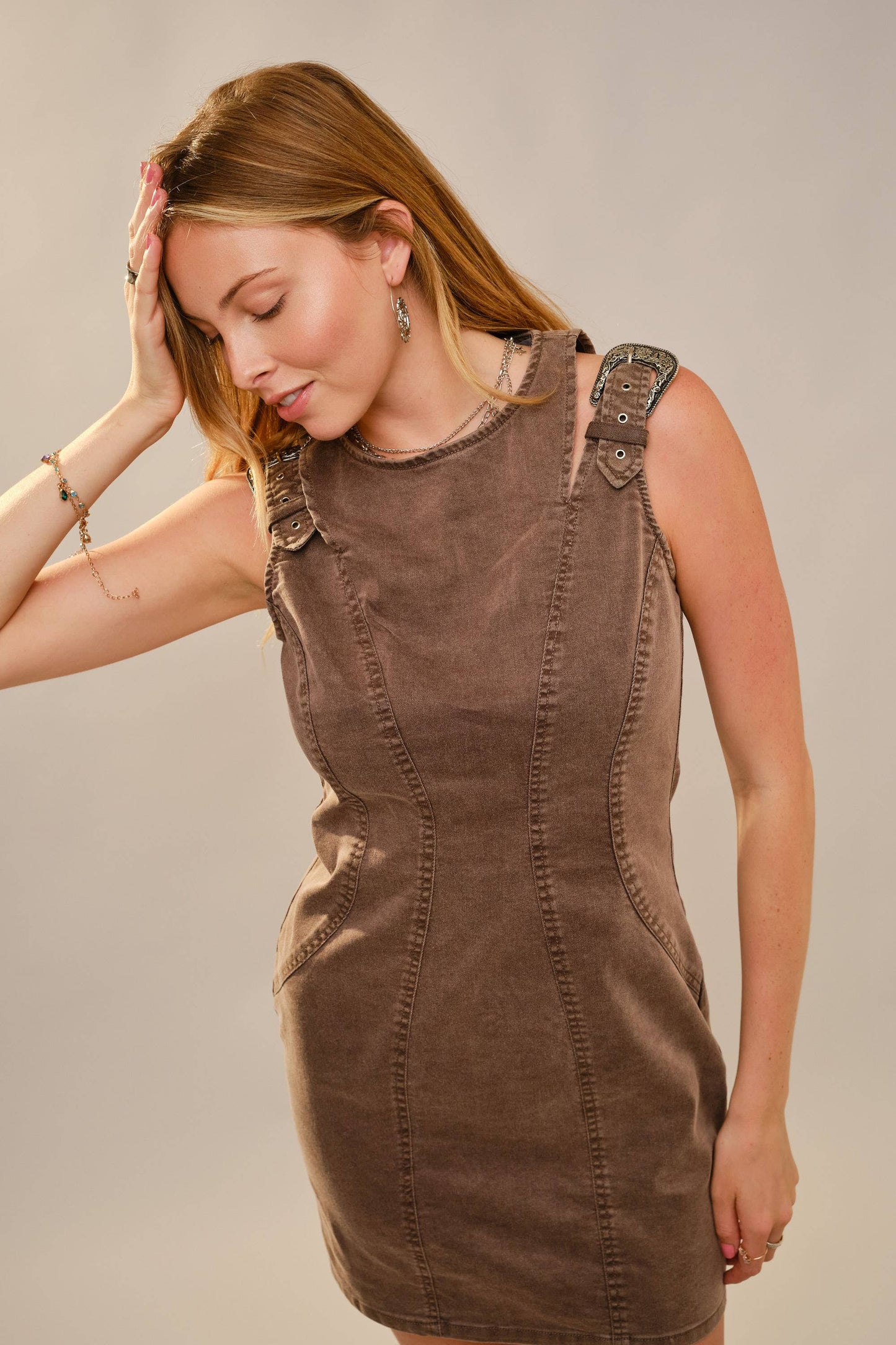 Western Buckle Shoulder Denim Dress