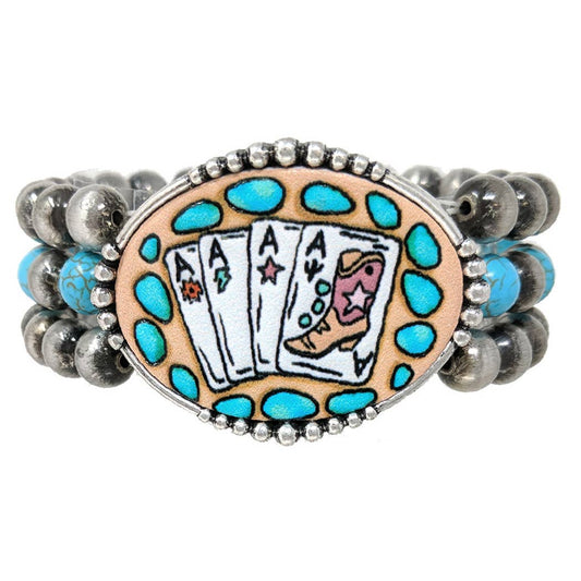 Ace Card Boots Print 3 Layered Beaded Bracelet