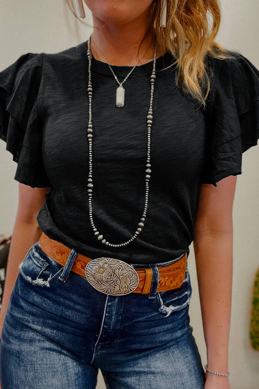 Solid Ruffle Short Sleeve Summer Top-Black