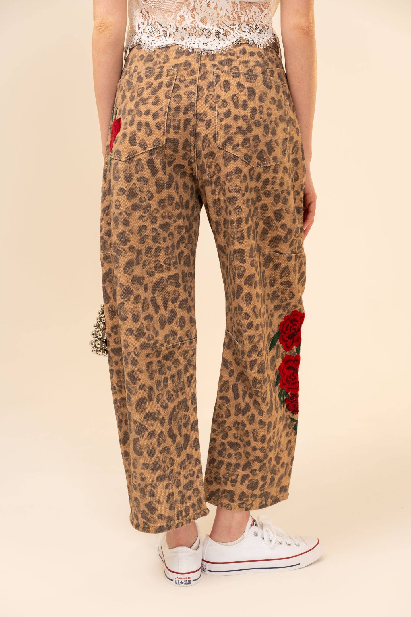 91981P Rose Embroidered Leopard Barrel Pants: LEOPARD / S-M-L (2-2-2)