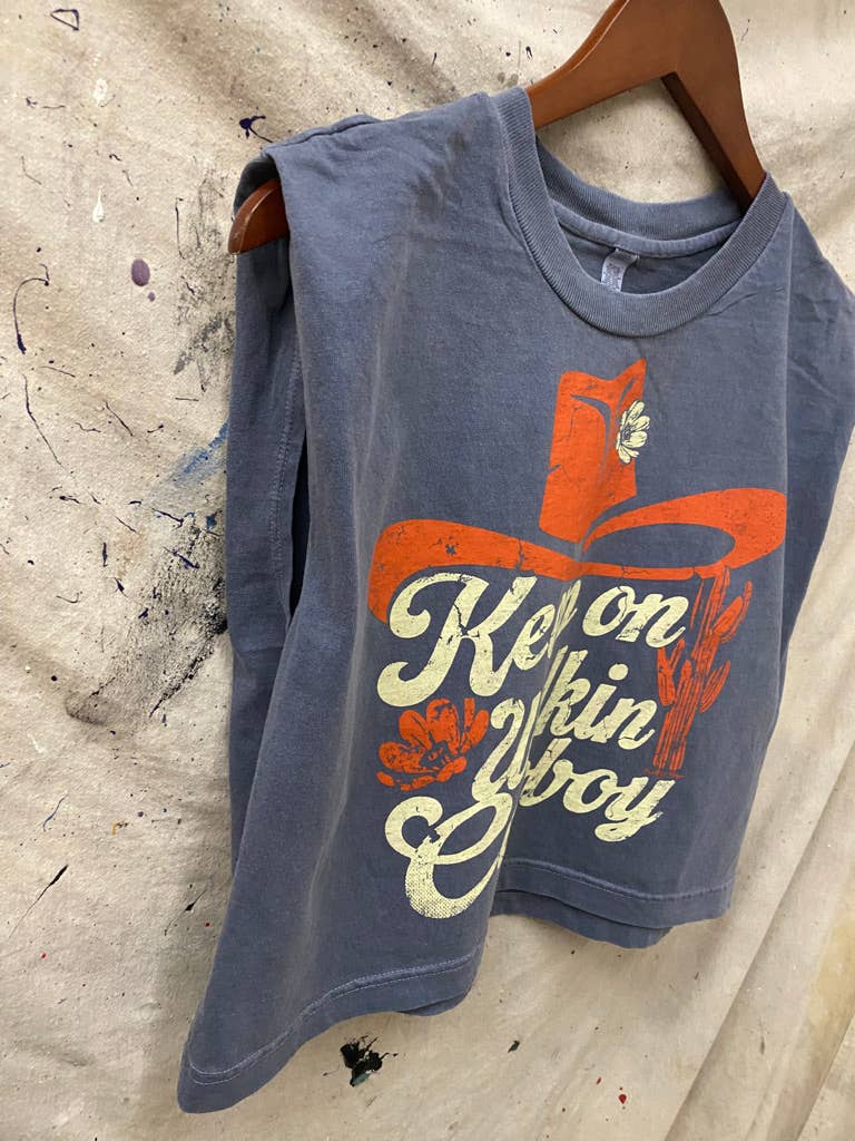 Walk on Cowboy Midriff boxy Muscle crop top : Medium Faded Black